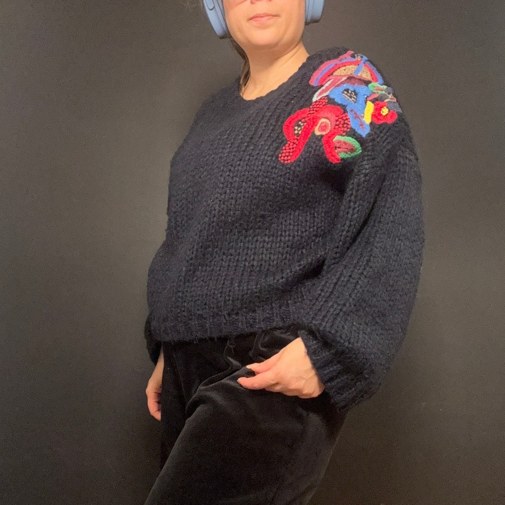 Y2K Zara Chunky Knit Navy‎ Boho Floral Embroidery Oversized Sweater M Maximalist